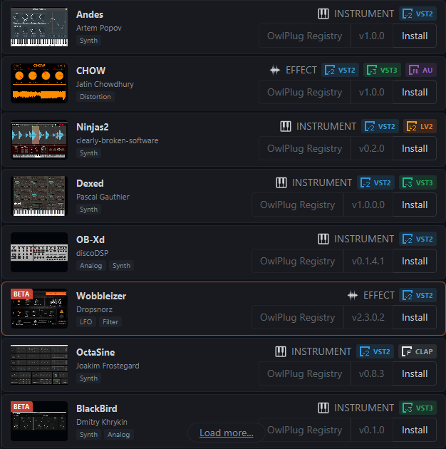 OwlPlug explore view showing plugins available from registries