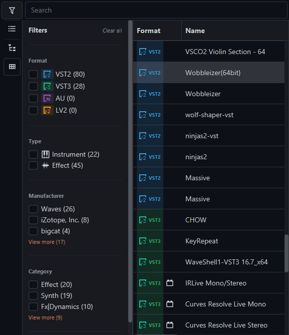 OwlPlug plugins list view with filters and plugin details