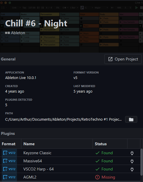 OwlPlug project view showing DAW project plugin analysis